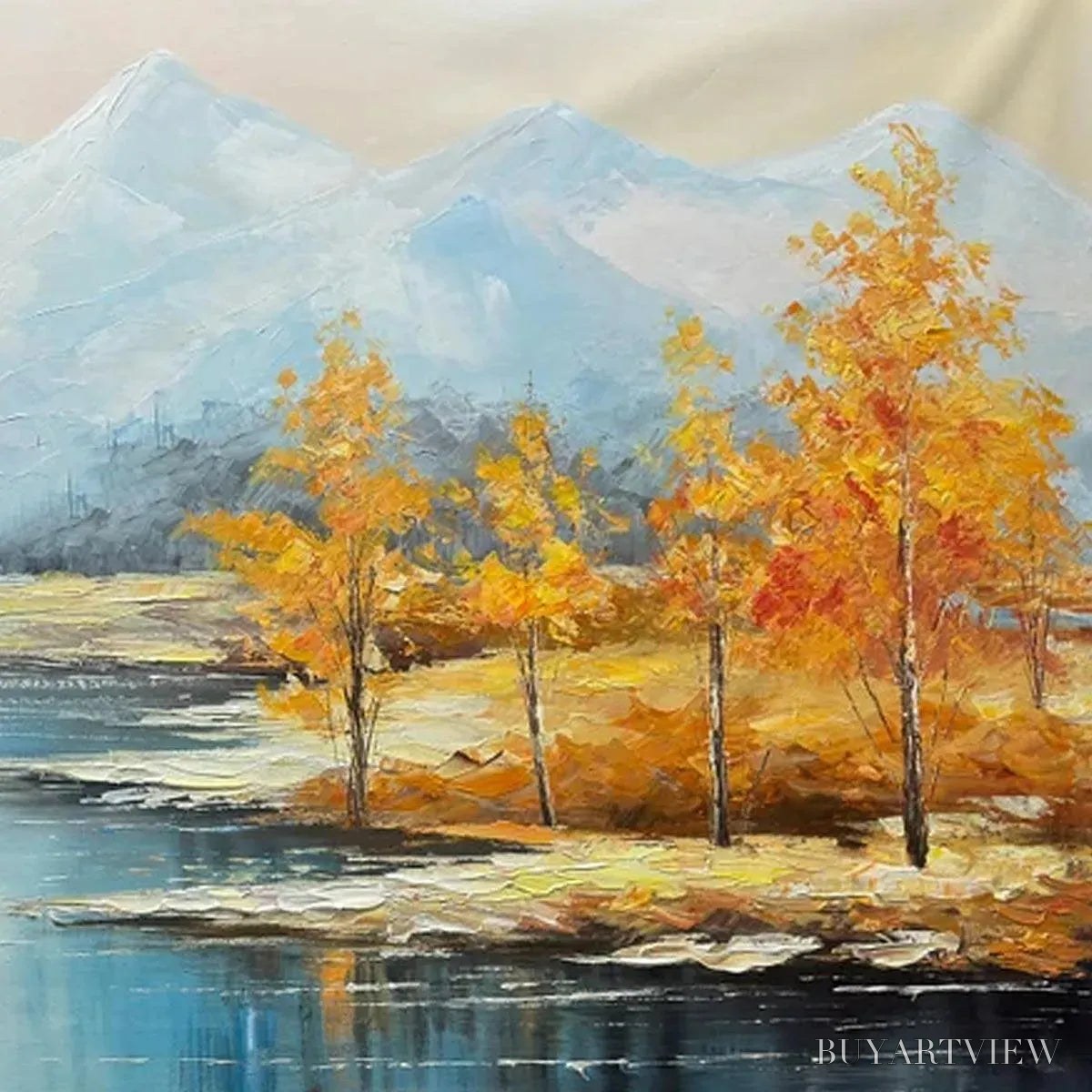BUYARTVIEW Golden Autumn Valley – Traditional Landscape Painting in Yellow and Blue - image 3