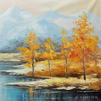 BUYARTVIEW Golden Autumn Valley – Traditional Landscape Painting in Yellow and Blue - image 3