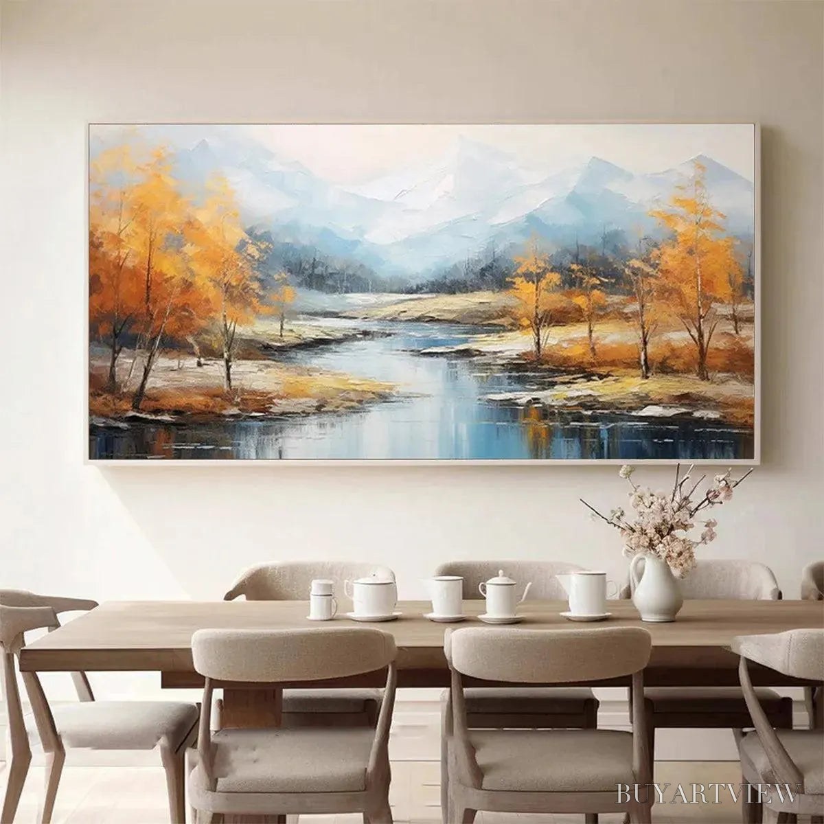 BUYARTVIEW Golden Autumn Valley – Traditional Landscape Painting in Yellow and Blue - image 4