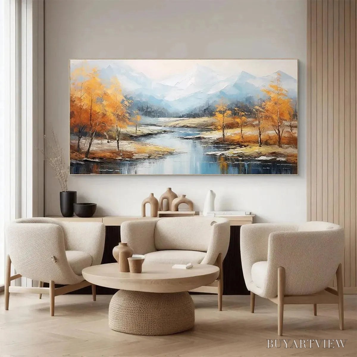 BUYARTVIEW Golden Autumn Valley – Traditional Landscape Painting in Yellow and Blue - image 5