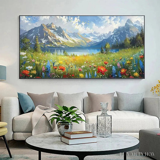 BUYARTVIEW Alpine Wildflower Paradise – Colorful Landscape Painting with Mountains and Wildflowers - image 2