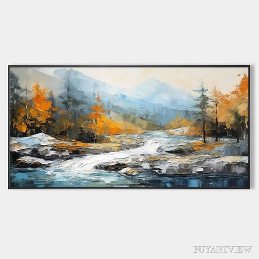 BUYARTVIEW Autumn River – Textured Landscape Painting with River and Mountains - image 1