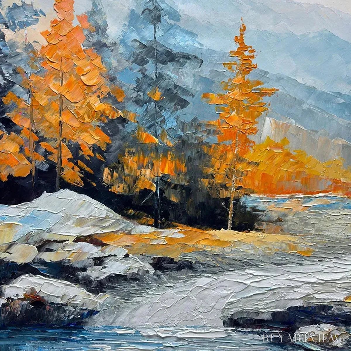BUYARTVIEW Autumn River – Textured Landscape Painting with River and Mountains - image 3