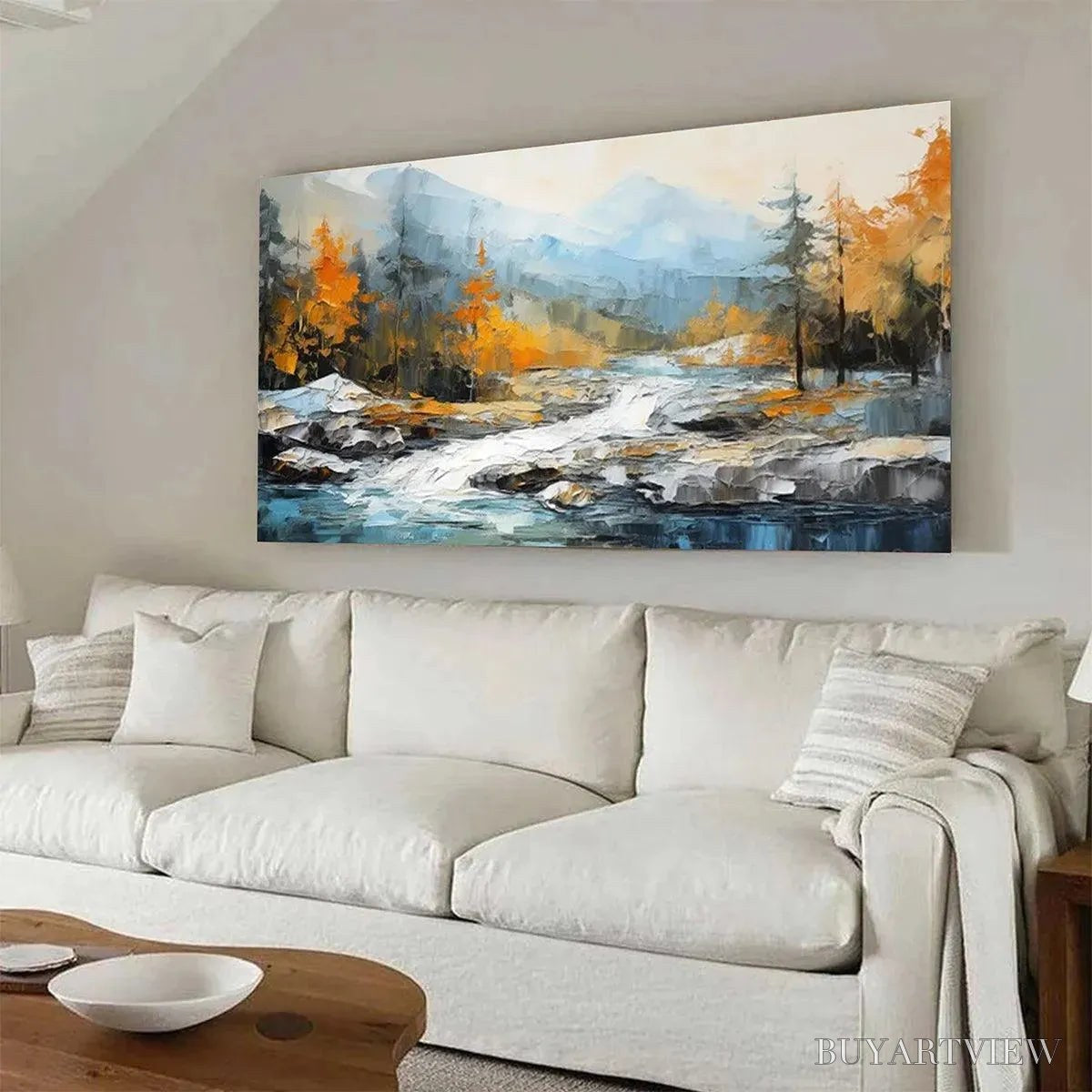 BUYARTVIEW Autumn River – Textured Landscape Painting with River and Mountains - image 4