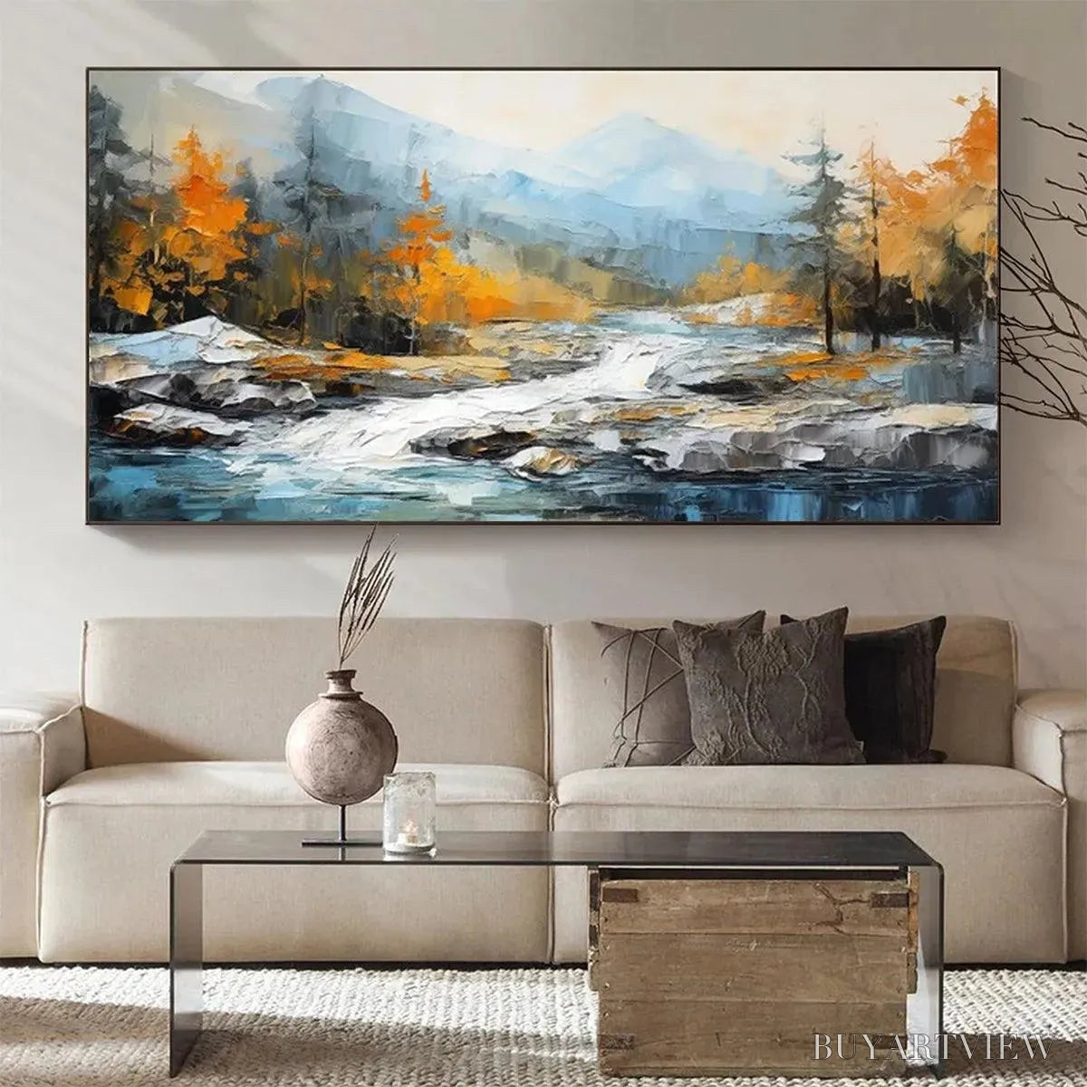 BUYARTVIEW Autumn River – Textured Landscape Painting with River and Mountains - image 5