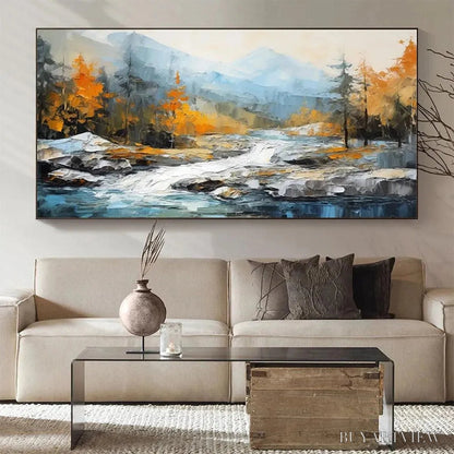 BUYARTVIEW Autumn River – Textured Landscape Painting with River and Mountains - image 5