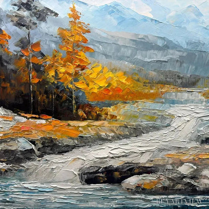 BUYARTVIEW Autumn River – Textured Landscape Painting with River and Mountains - image 6