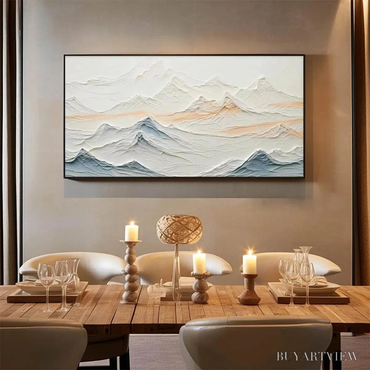 BUYARTVIEW Tranquil Peaks – Textured Abstract Mountain Landscape Painting in Beige and Blue - image 4