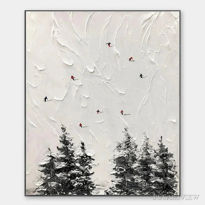 BUYARTVIEW Alpine Ski – Textured Minimalist Ski Scene Painting in Black and White - image 1