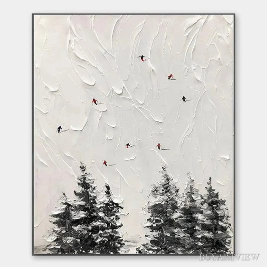 BUYARTVIEW Alpine Ski – Textured Minimalist Ski Scene Painting in Black and White - image 1