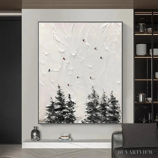 BUYARTVIEW Alpine Ski – Textured Minimalist Ski Scene Painting in Black and White - image 2