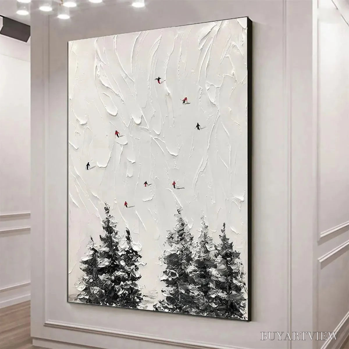 BUYARTVIEW Alpine Ski – Textured Minimalist Ski Scene Painting in Black and White - image 4
