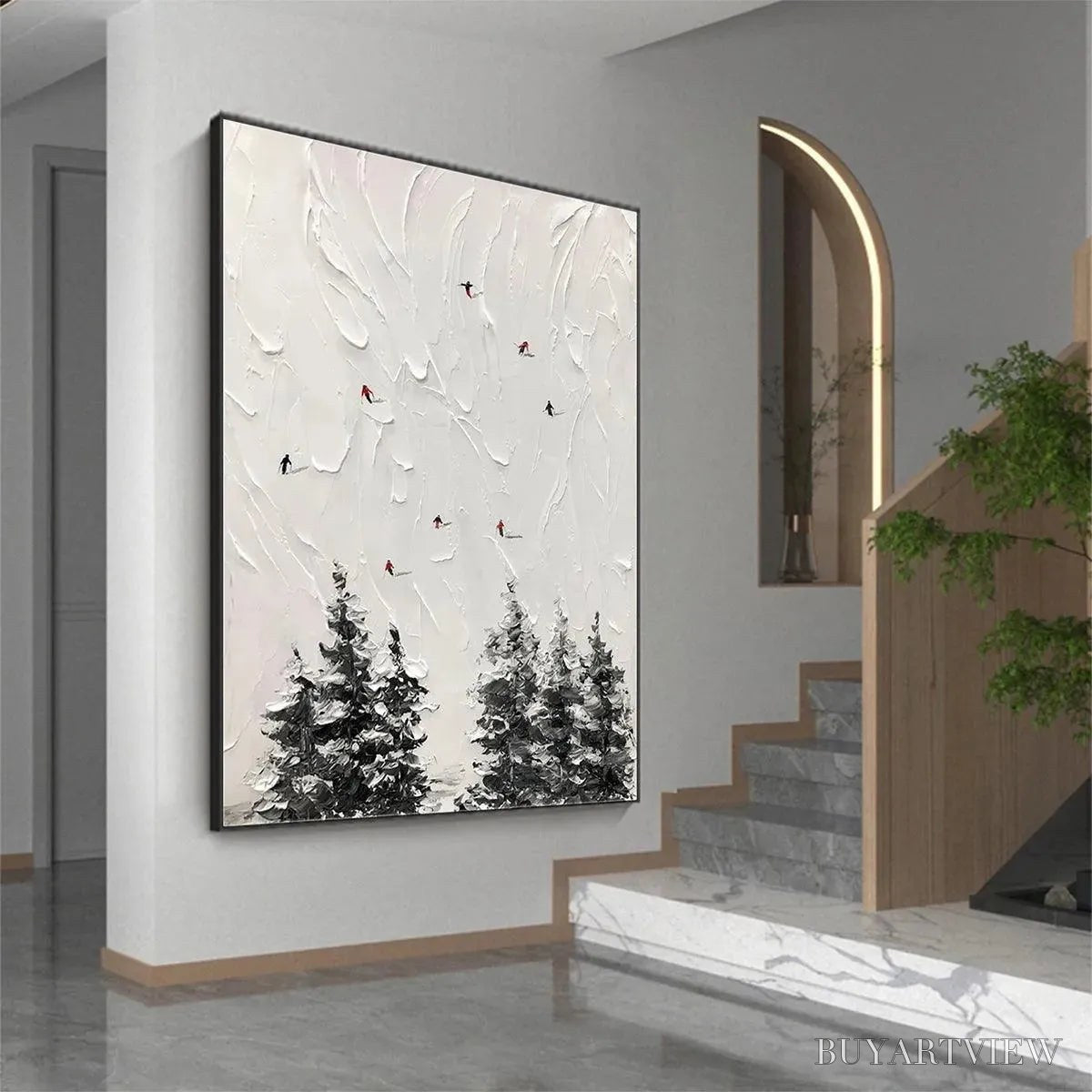 BUYARTVIEW Alpine Ski – Textured Minimalist Ski Scene Painting in Black and White - image 5
