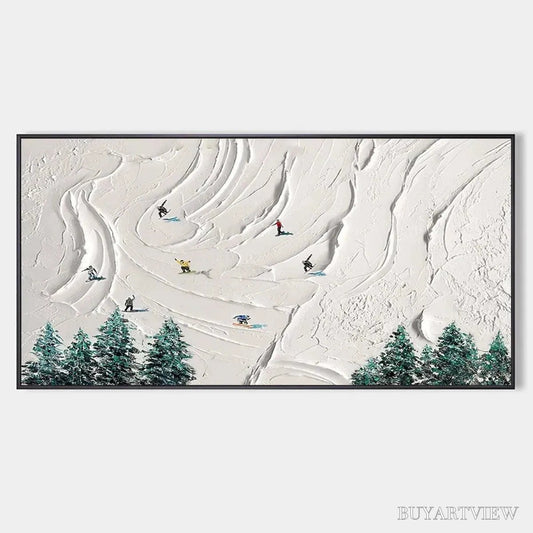 BUYARTVIEW Snowy Peaks – Textured Minimalist Winter Landscape Painting with Skiers - image 1