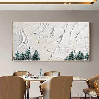 BUYARTVIEW Snowy Peaks – Textured Minimalist Winter Landscape Painting with Skiers - image 2