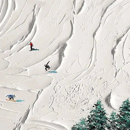 BUYARTVIEW Snowy Peaks – Textured Minimalist Winter Landscape Painting with Skiers - image 3
