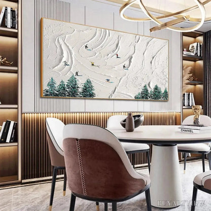 BUYARTVIEW Snowy Peaks – Textured Minimalist Winter Landscape Painting with Skiers - image 4