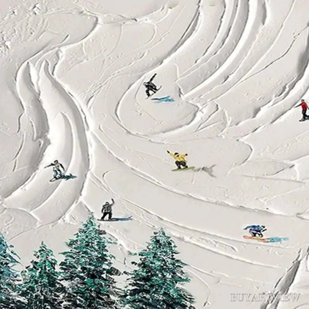 BUYARTVIEW Snowy Peaks – Textured Minimalist Winter Landscape Painting with Skiers - image 5