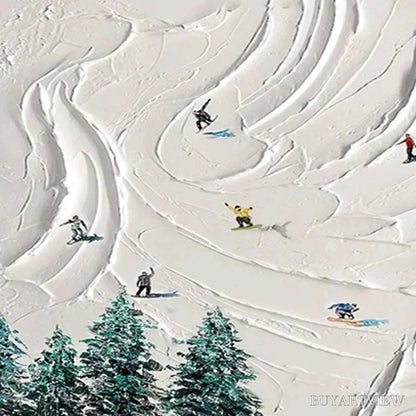 BUYARTVIEW Snowy Peaks – Textured Minimalist Winter Landscape Painting with Skiers - image 5