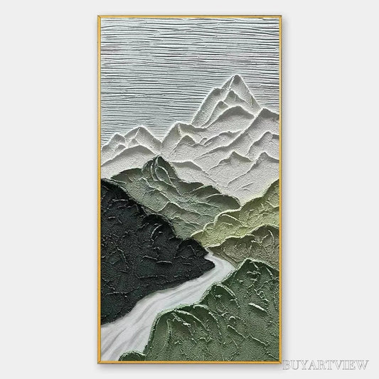 BUYARTVIEW Jade Peak – Textured Green and White Mountain Landscape Painting - image 1