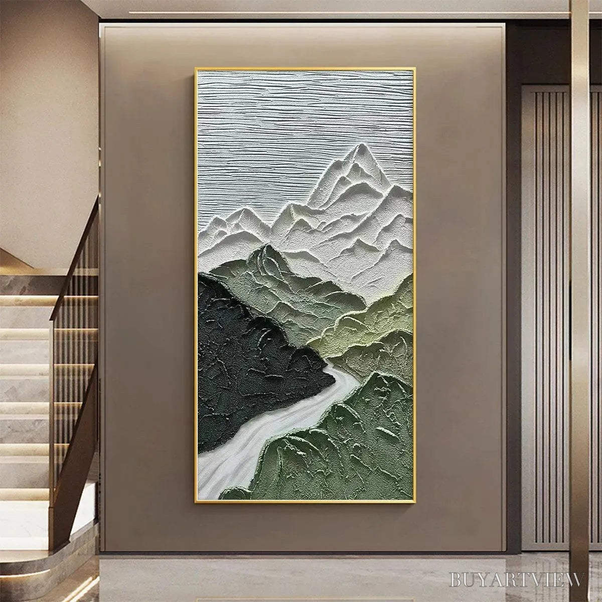 BUYARTVIEW Jade Peak – Textured Green and White Mountain Landscape Painting - image 6