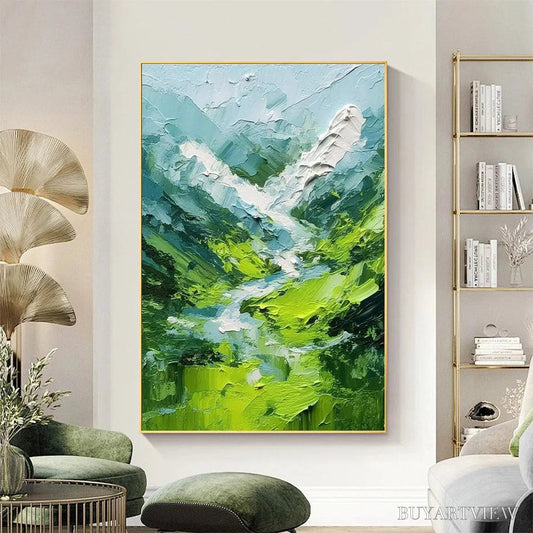 BUYARTVIEW Emerald Valley – Textured Green Abstract Mountain Landscape Painting - image 2