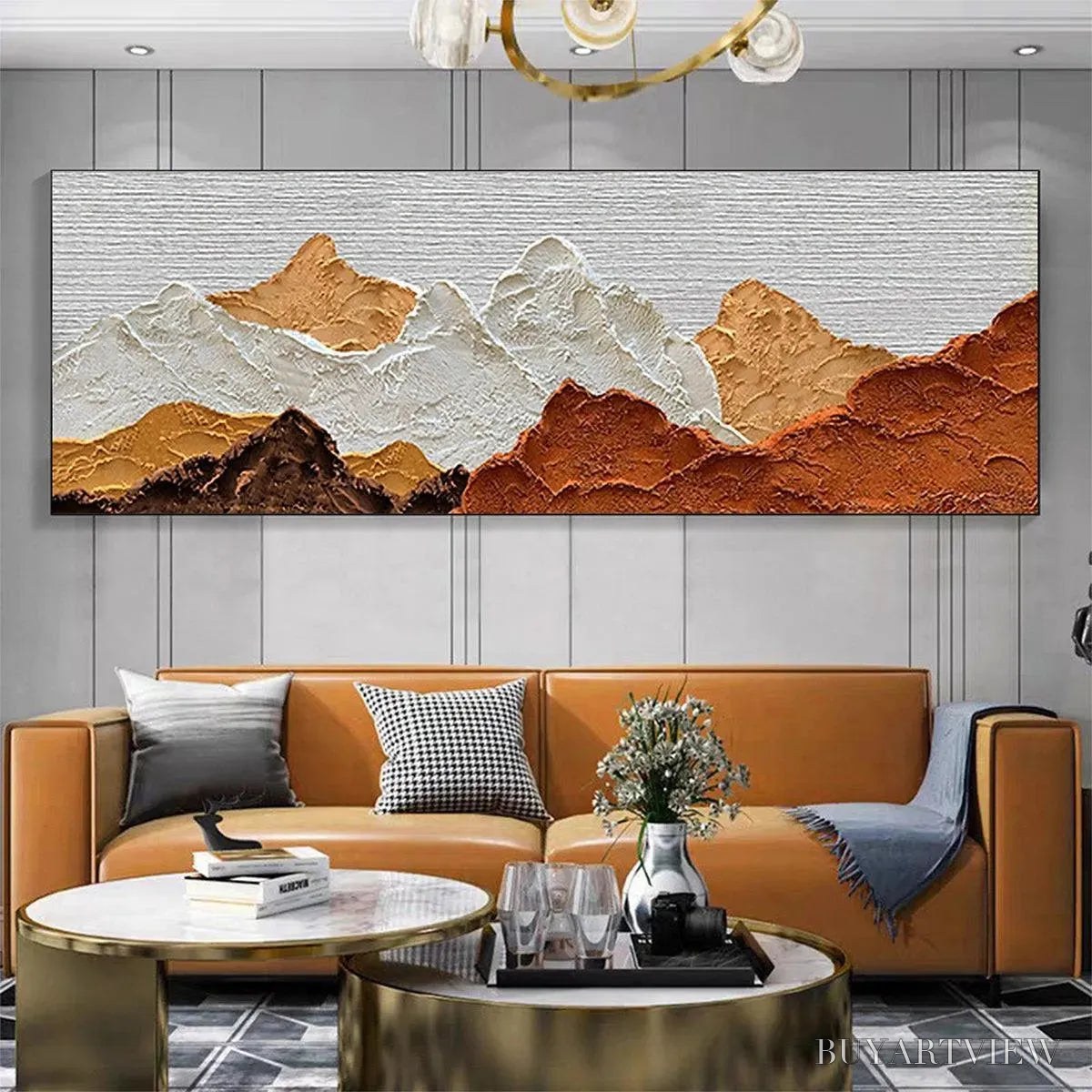 BUYARTVIEW Mountain Peaks – Textured Mountain Range Painting in Brown and White - image 2