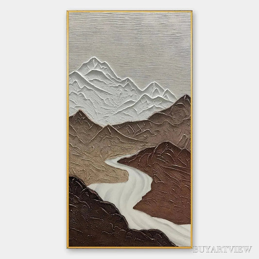 BUYARTVIEW Earth River – Textured Brown and White Mountain River Landscape Painting - image 1