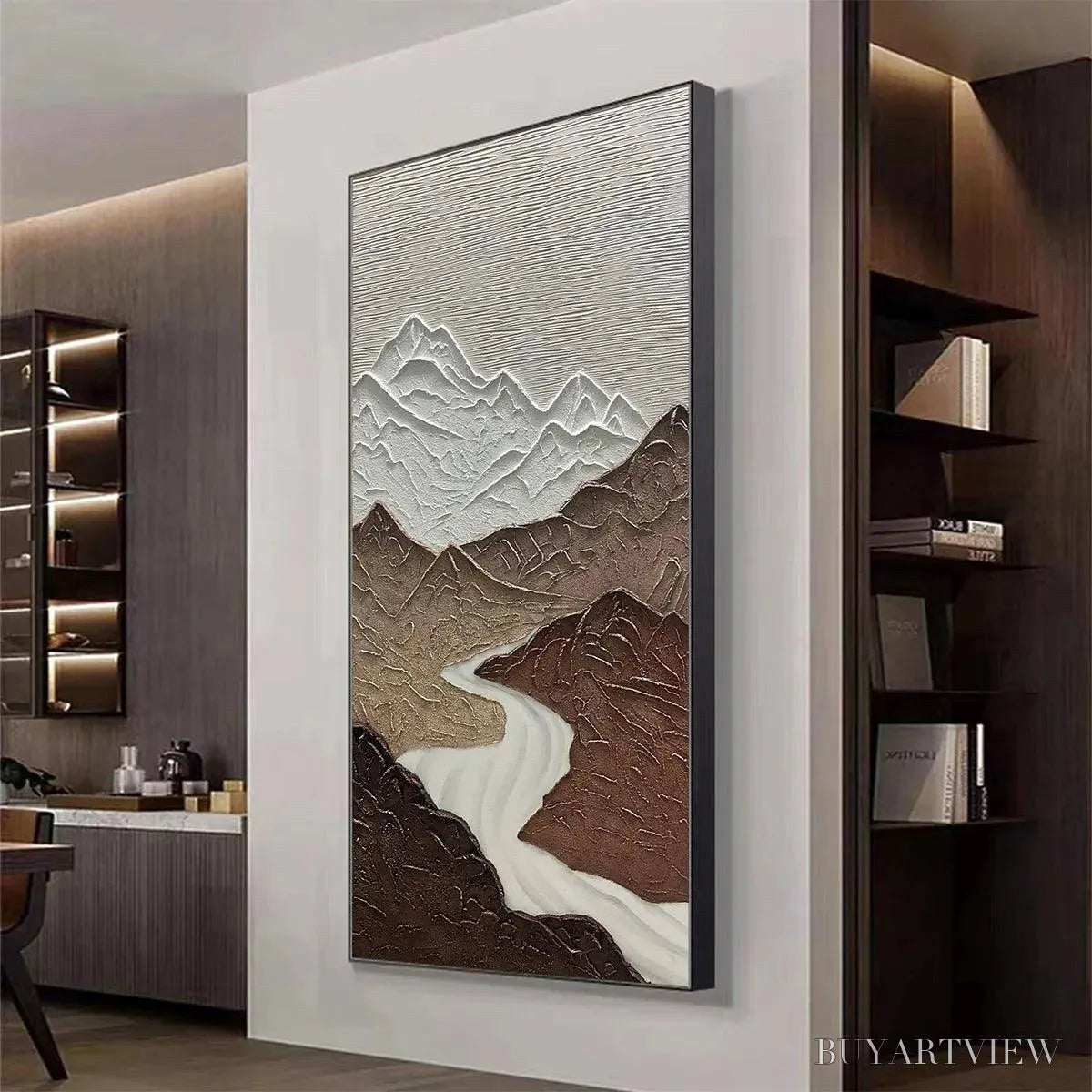 BUYARTVIEW Earth River – Textured Brown and White Mountain River Landscape Painting - image 4