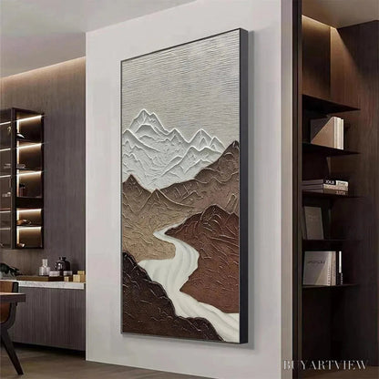 BUYARTVIEW Earth River – Textured Brown and White Mountain River Landscape Painting - image 4