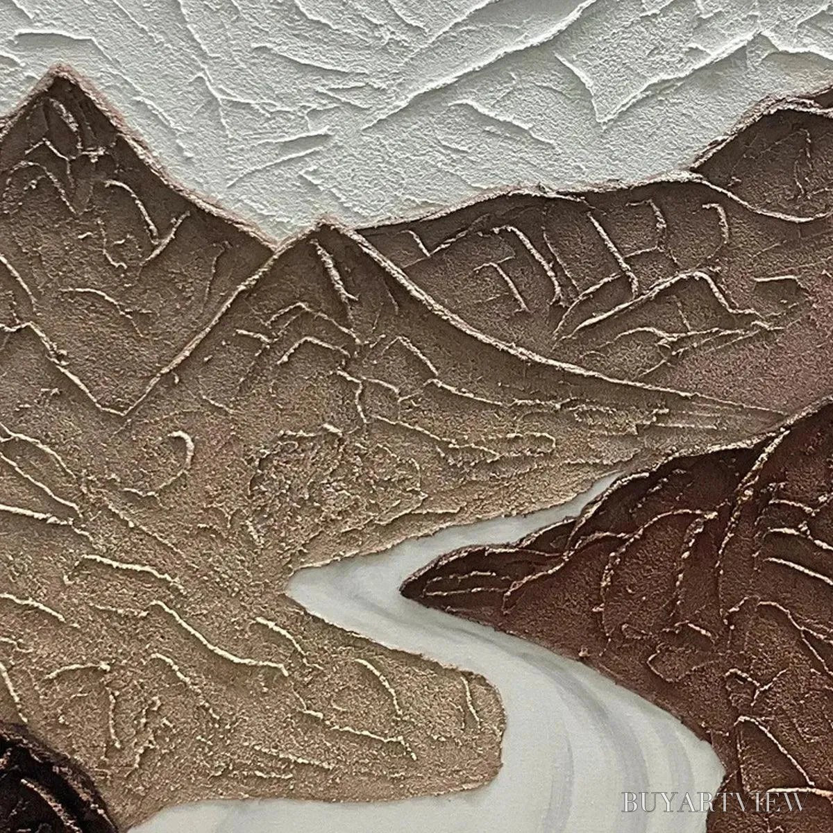 BUYARTVIEW Earth River – Textured Brown and White Mountain River Landscape Painting - image 5