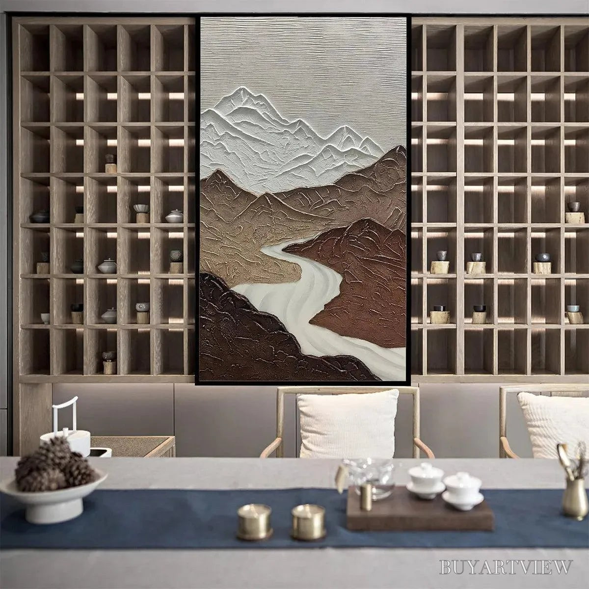 BUYARTVIEW Earth River – Textured Brown and White Mountain River Landscape Painting - image 6