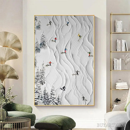 BUYARTVIEW Alpine Slopes – Textured White Skiing Landscape Painting - image 2