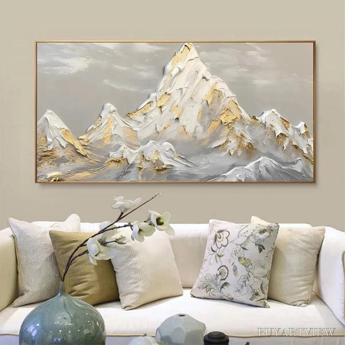 BUYARTVIEW Golden Peaks – Textured Mountain Landscape Painting in Gold and Grey - image 2