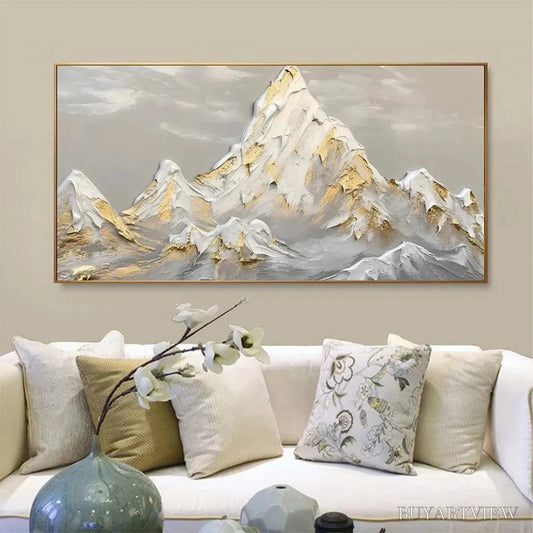 BUYARTVIEW Golden Peaks – Textured Mountain Landscape Painting in Gold and Grey - image 2