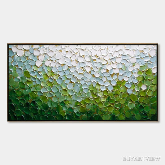BUYARTVIEW Emerald Petals – Textured Abstract Green & White Impasto Landscape Painting - image 1