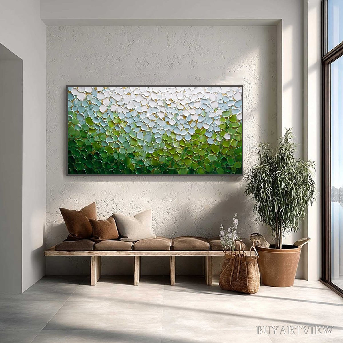 BUYARTVIEW Emerald Petals – Textured Abstract Green & White Impasto Landscape Painting - image 2