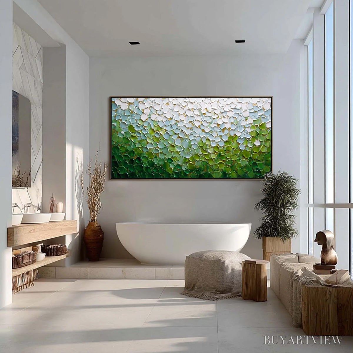 BUYARTVIEW Emerald Petals – Textured Abstract Green & White Impasto Landscape Painting - image 4