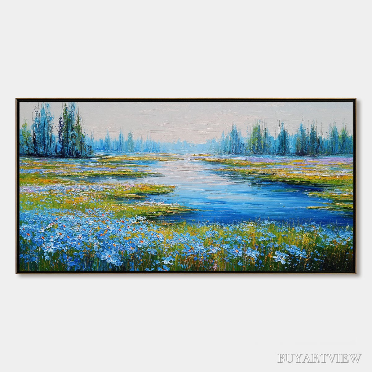 BUYARTVIEW Azure Reverie – Textured Palette Knife Painting of a Serene Lakeside Meadow - image 1