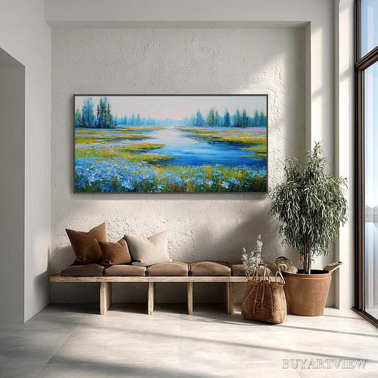 BUYARTVIEW Azure Reverie – Textured Palette Knife Painting of a Serene Lakeside Meadow - image 2