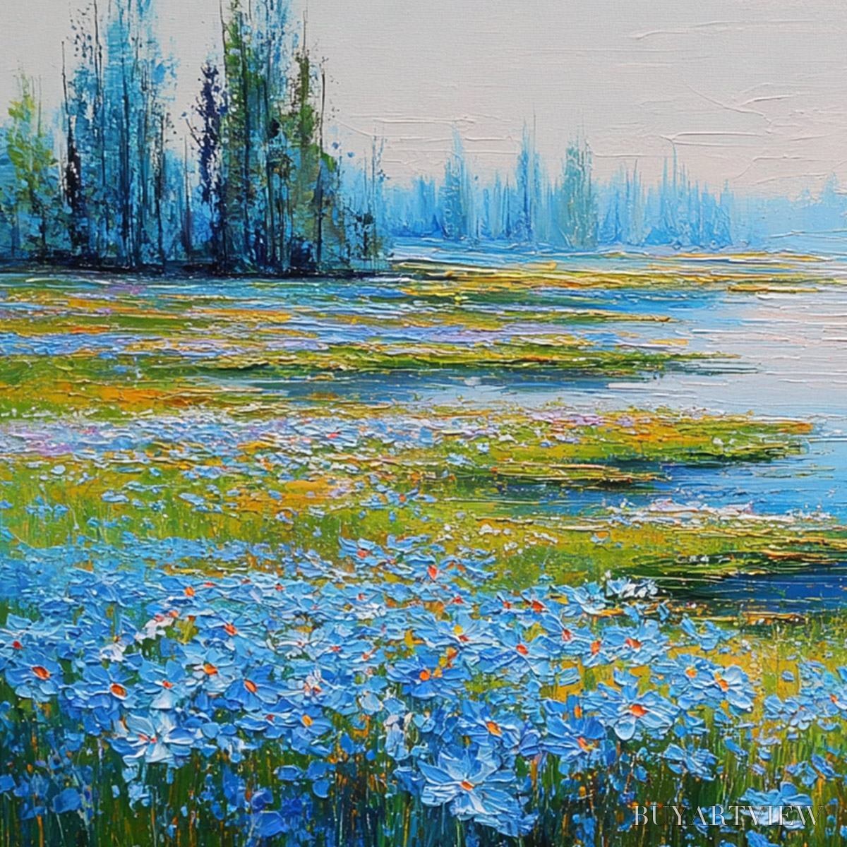 BUYARTVIEW Azure Reverie – Textured Palette Knife Painting of a Serene Lakeside Meadow - image 3