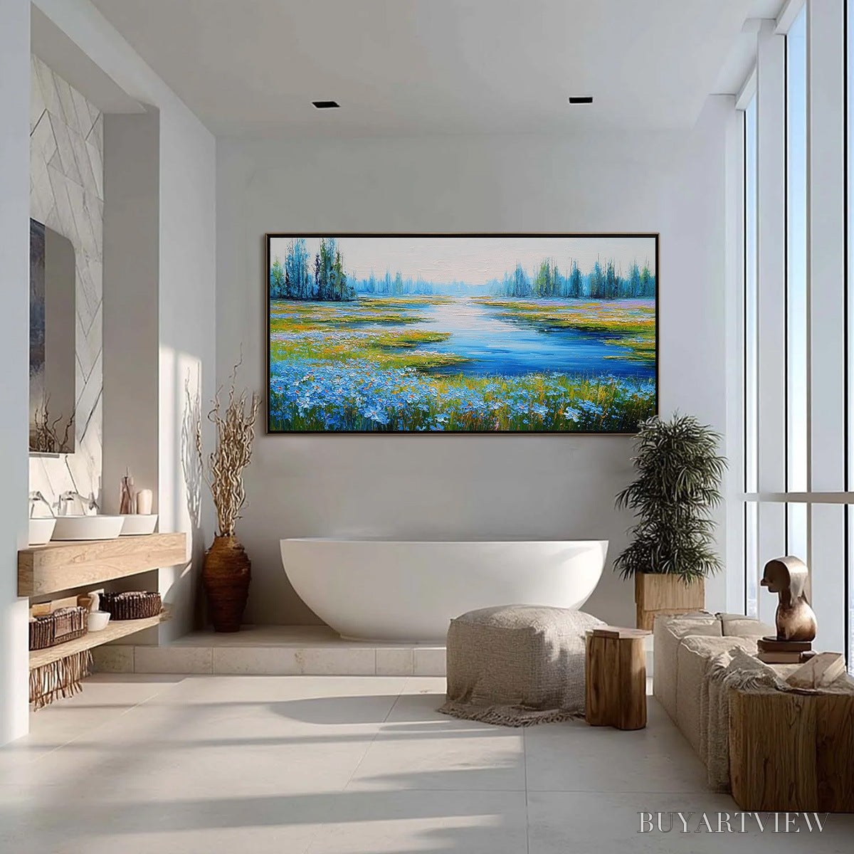 BUYARTVIEW Azure Reverie – Textured Palette Knife Painting of a Serene Lakeside Meadow - image 4