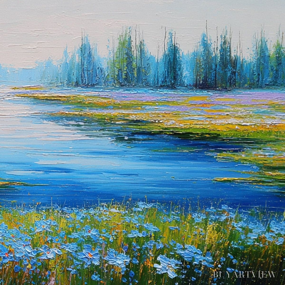 BUYARTVIEW Azure Reverie – Textured Palette Knife Painting of a Serene Lakeside Meadow - image 5