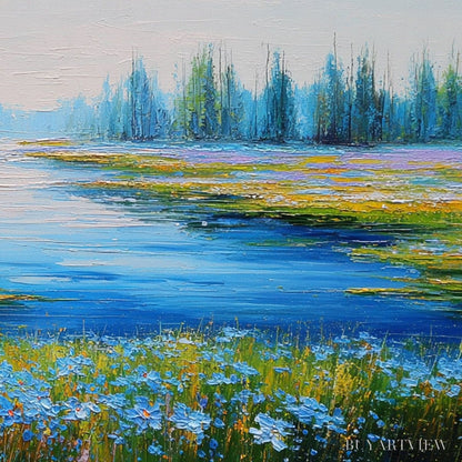 BUYARTVIEW Azure Reverie – Textured Palette Knife Painting of a Serene Lakeside Meadow - image 5