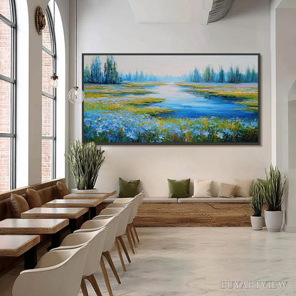 BUYARTVIEW Azure Reverie – Textured Palette Knife Painting of a Serene Lakeside Meadow - image 6