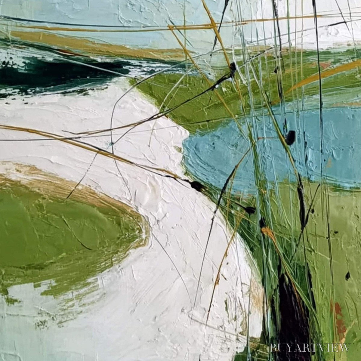 BUYARTVIEW Verdant Path – Textured Abstract Green and White Landscape Painting - image 5