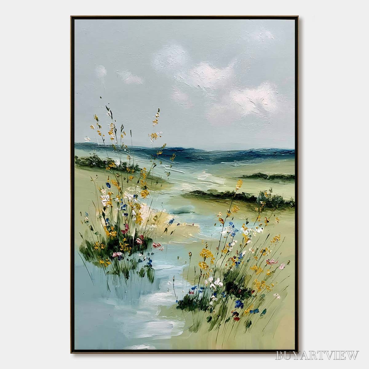 BUYARTVIEW Meadow Whispers – Textured Vertical Landscape Painting of a Wildflower Meadow - image 1