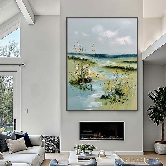 BUYARTVIEW Meadow Whispers – Textured Vertical Landscape Painting of a Wildflower Meadow - image 2