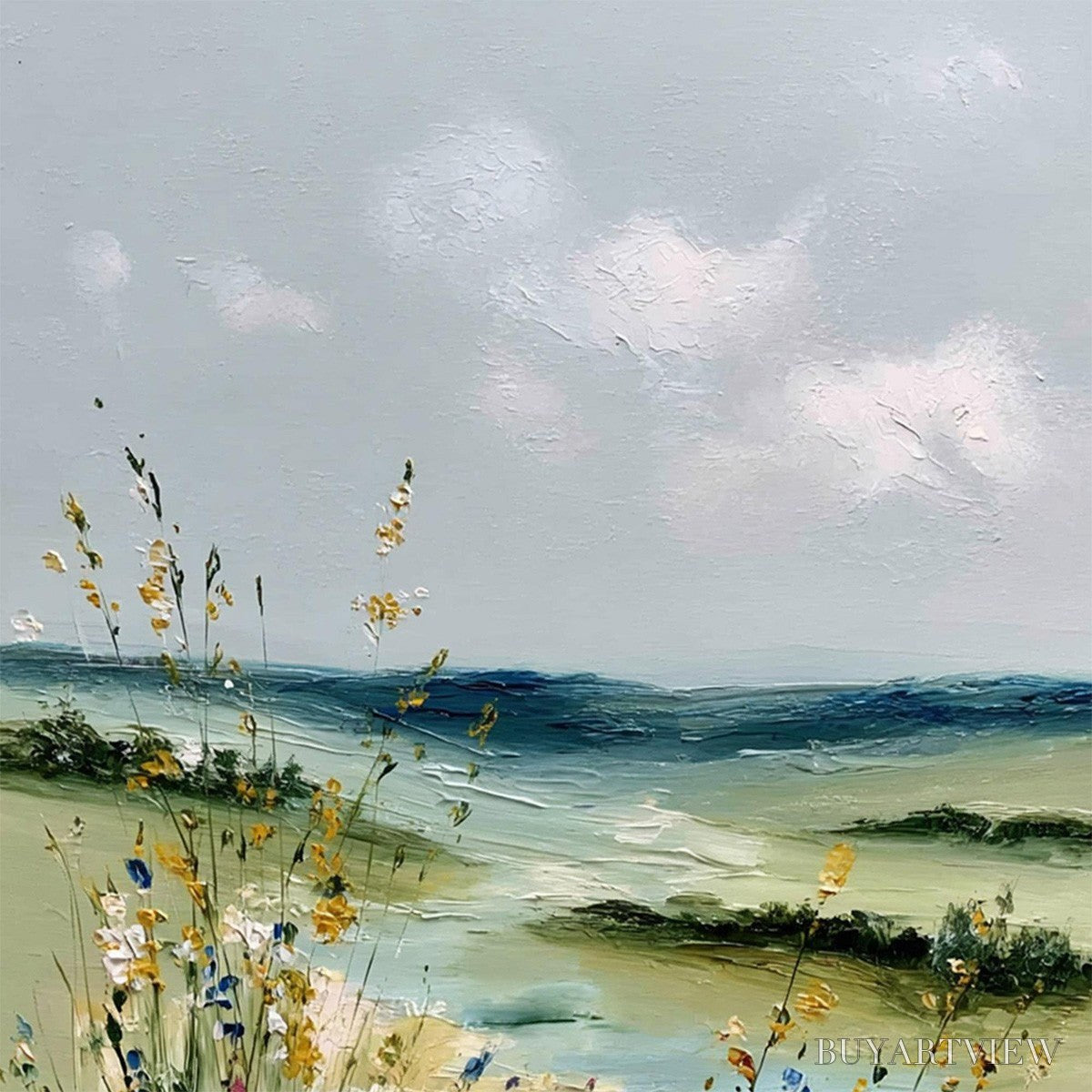 BUYARTVIEW Meadow Whispers – Textured Vertical Landscape Painting of a Wildflower Meadow - image 3