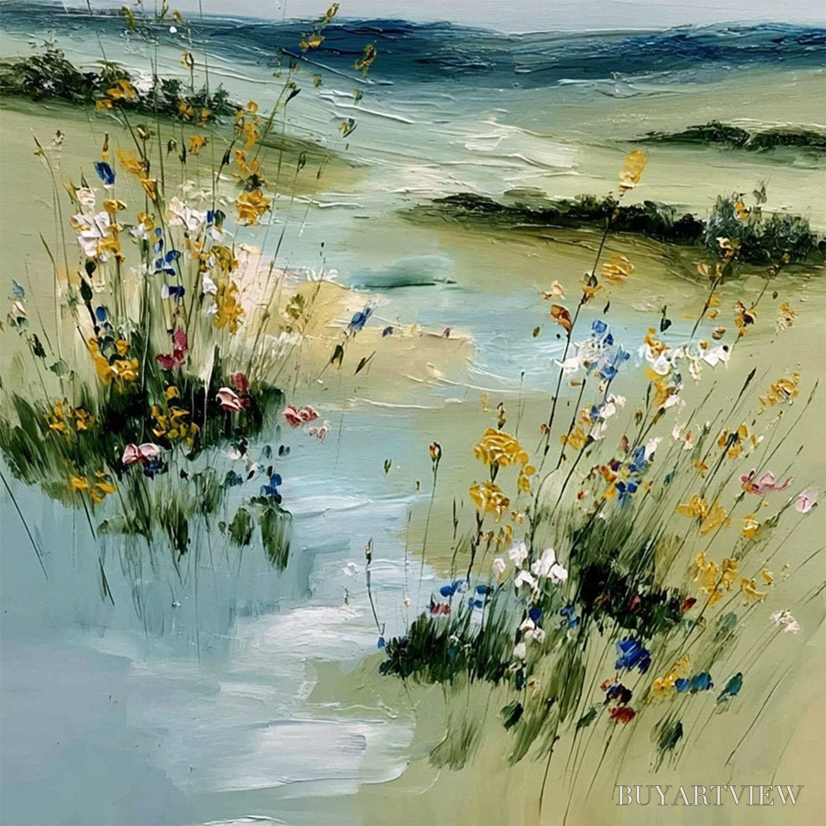 BUYARTVIEW Meadow Whispers – Textured Vertical Landscape Painting of a Wildflower Meadow - image 5
